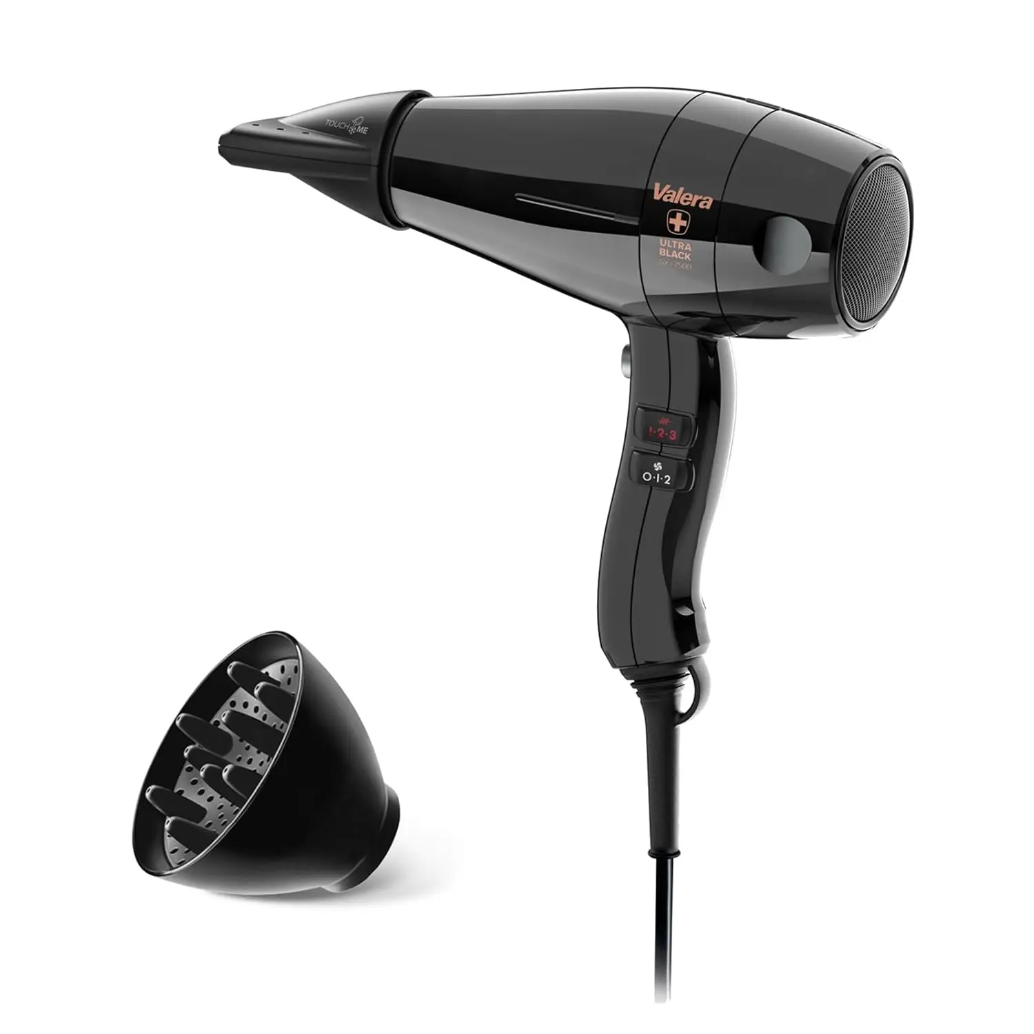 The Valera Swiss Silent Jet 7500 professional hair dryer in black offers fast, quiet drying with ionization for shiny, static-free hair and includes two nozzles and a diffuser.