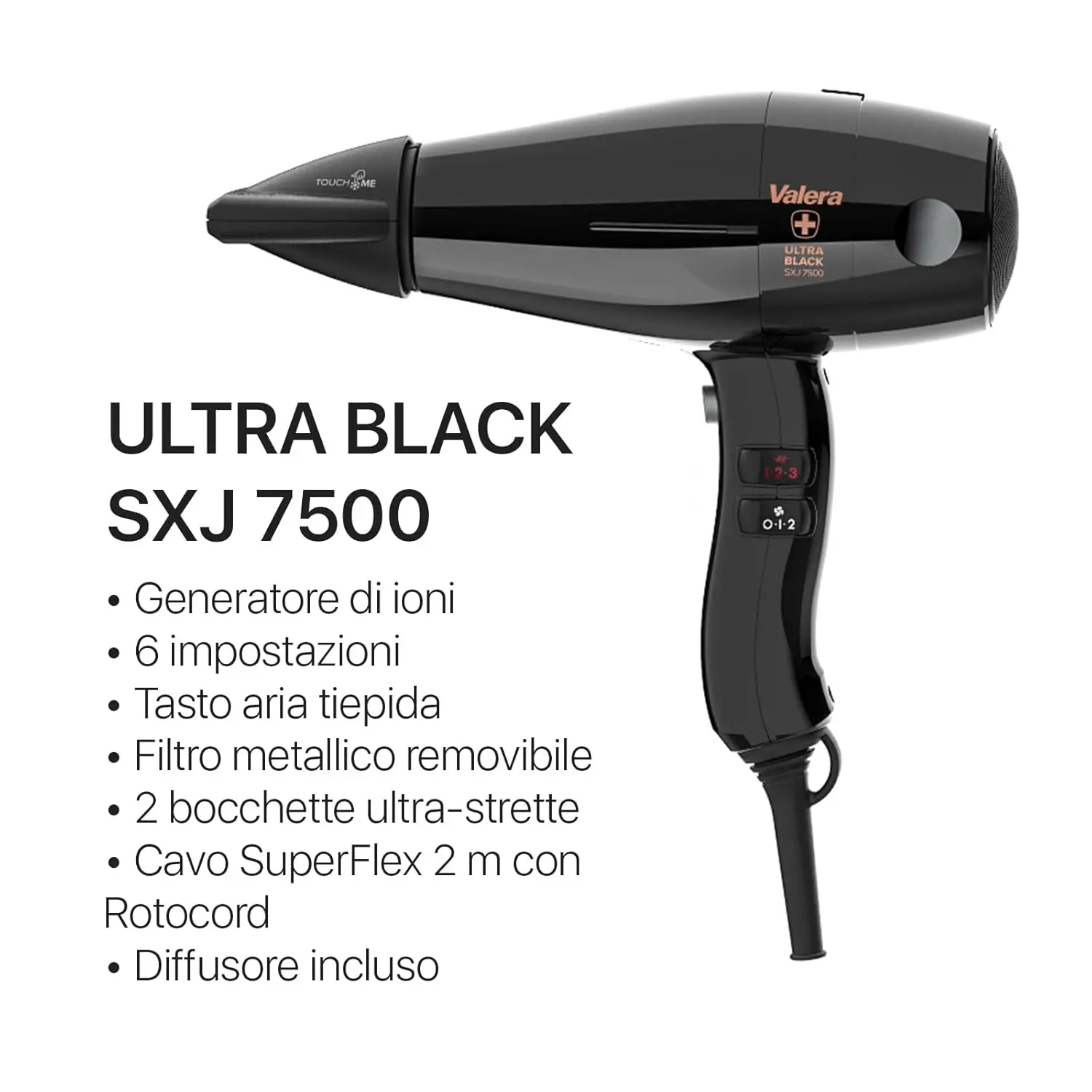 The Valera Swiss Silent Jet 7500 professional hair dryer in black offers fast, quiet drying with ionization for shiny, static-free hair and includes two nozzles and a diffuser.