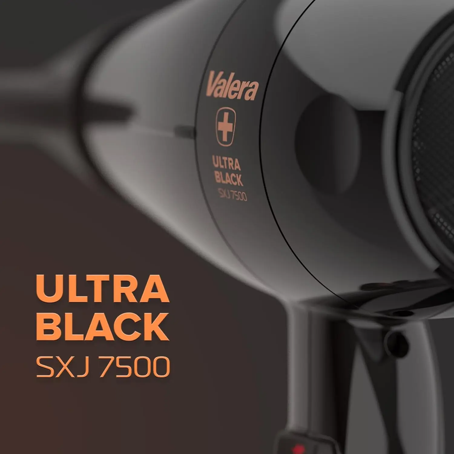 The Valera Swiss Silent Jet 7500 professional hair dryer in black offers fast, quiet drying with ionization for shiny, static-free hair and includes two nozzles and a diffuser.
