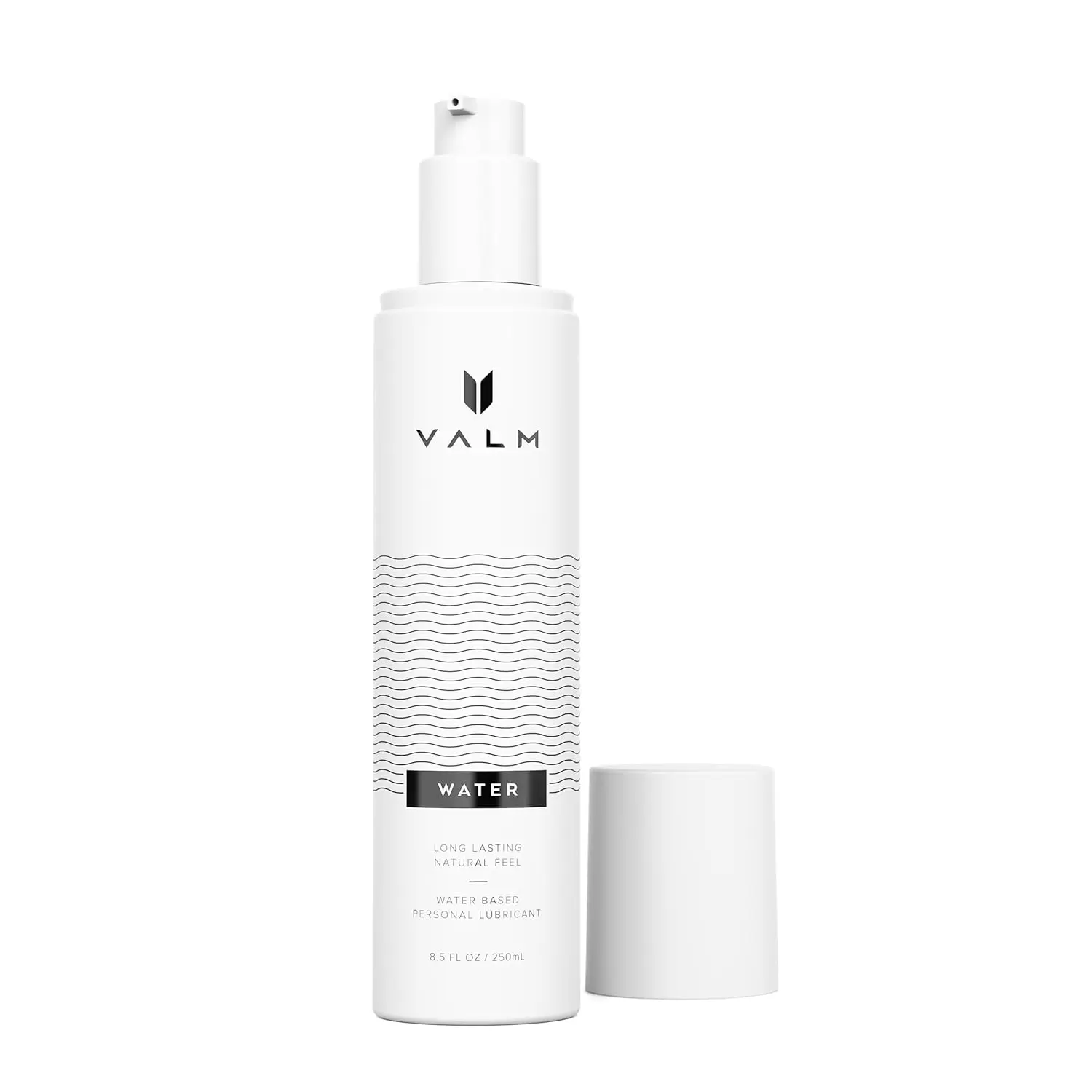A bottle of Valm water-based personal lubricant, designed for comfort and ease of use, with a convenient pump dispenser.