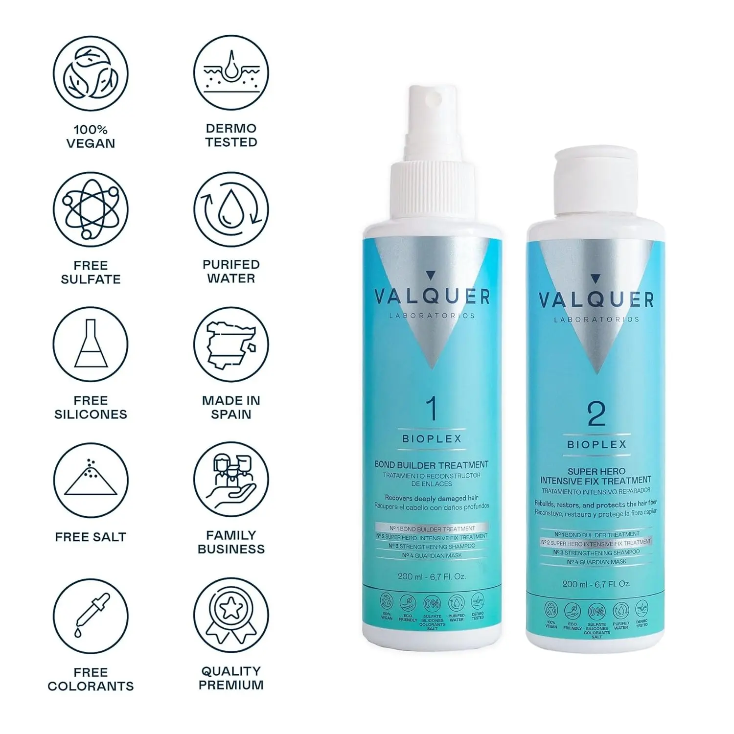 Valquer Bioplex No. 1 and No. 2 are shown, a vegan hair treatment pack designed to reconstruct, repair, and protect damaged hair, providing strength and shine.