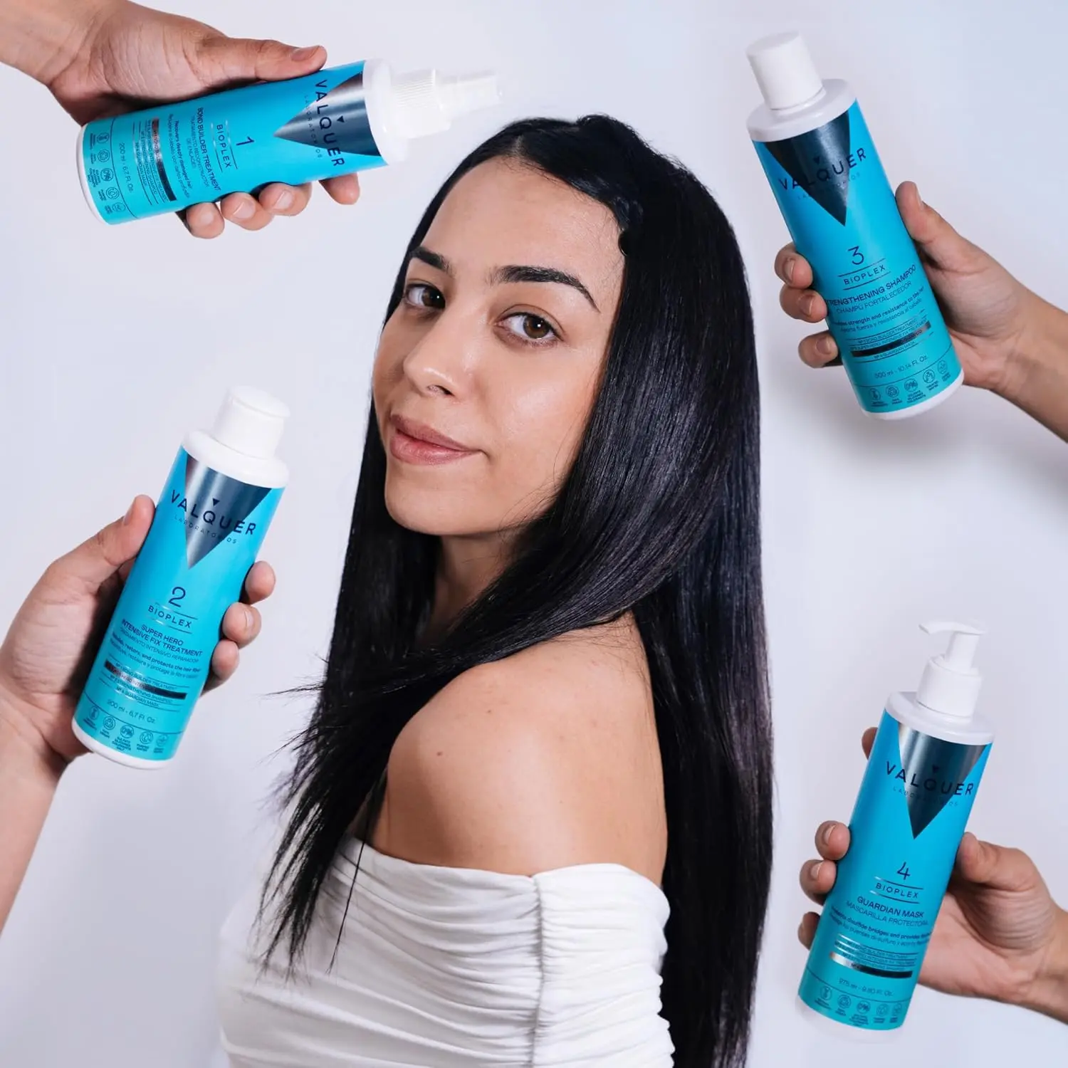 Valquer Bioplex No. 1 and No. 2 are shown, a vegan hair treatment pack designed to reconstruct, repair, and protect damaged hair, providing strength and shine.