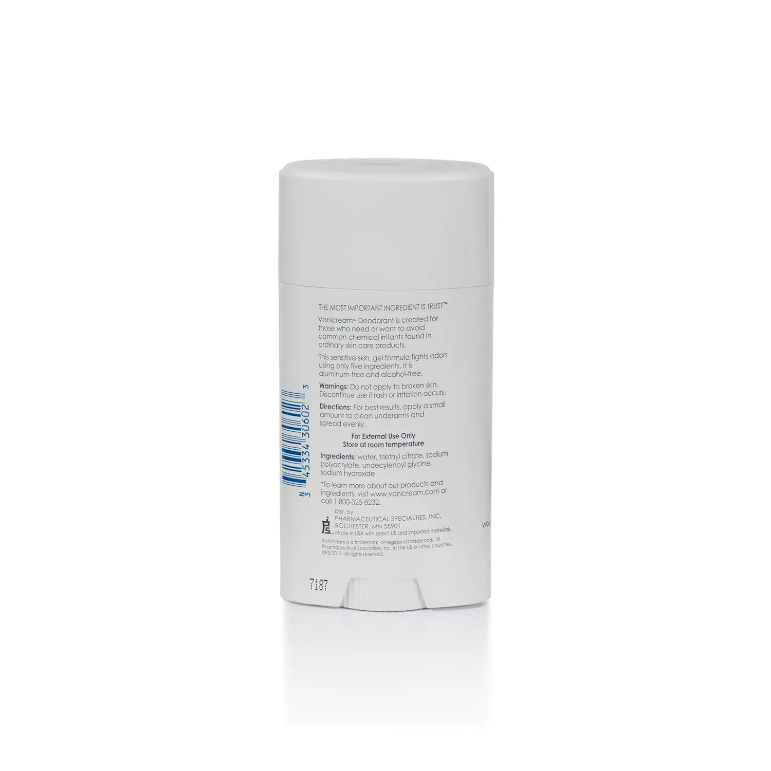 Vanicream aluminum-free deodorant for sensitive skin, a clear gel formula free of fragrance, gluten, dyes, and other irritants.