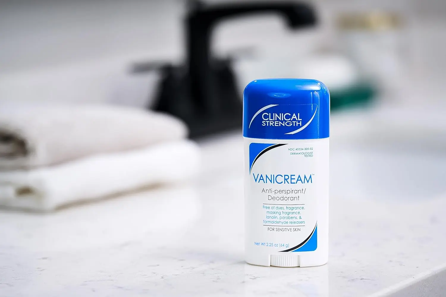 Vanicream anti-perspirant and deodorant, specially formulated for sensitive skin and providing 24-hour clinical-strength protection, is dermatologist tested and free of fragrance, parabens, dyes, and other common irritants.