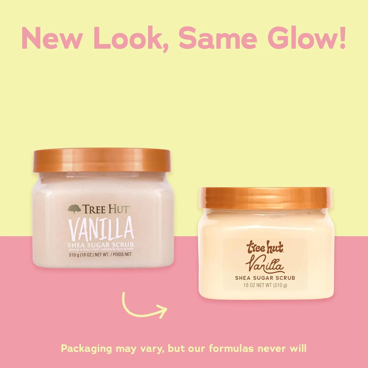 An 18 oz jar of Tree Hut Vanilla Shea Sugar Scrub exfoliates and hydrates skin, leaving it glowing, soft, and smooth with a warm vanilla scent.