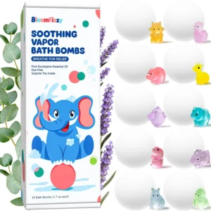 Soothing vapor bath bombs with eucalyptus and lavender essential oils create a calming aromatherapy experience for kids, with a surprise animal toy inside each dye-free bath fizzy, making bath time fun and relaxing.