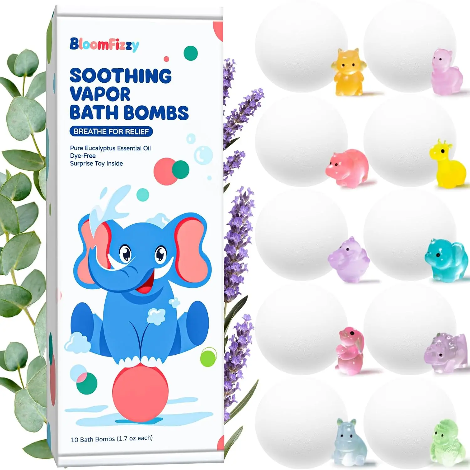 Soothing vapor bath bombs with eucalyptus and lavender essential oils create a calming aromatherapy experience for kids, with a surprise animal toy inside each dye-free bath fizzy, making bath time fun and relaxing.