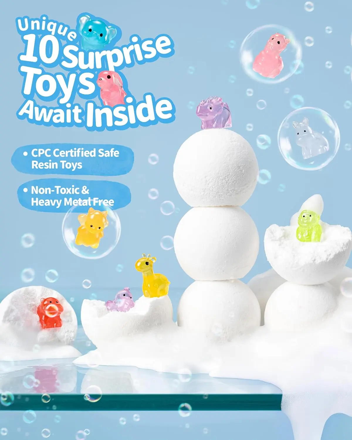 Soothing vapor bath bombs with eucalyptus and lavender essential oils create a calming aromatherapy experience for kids, with a surprise animal toy inside each dye-free bath fizzy, making bath time fun and relaxing.