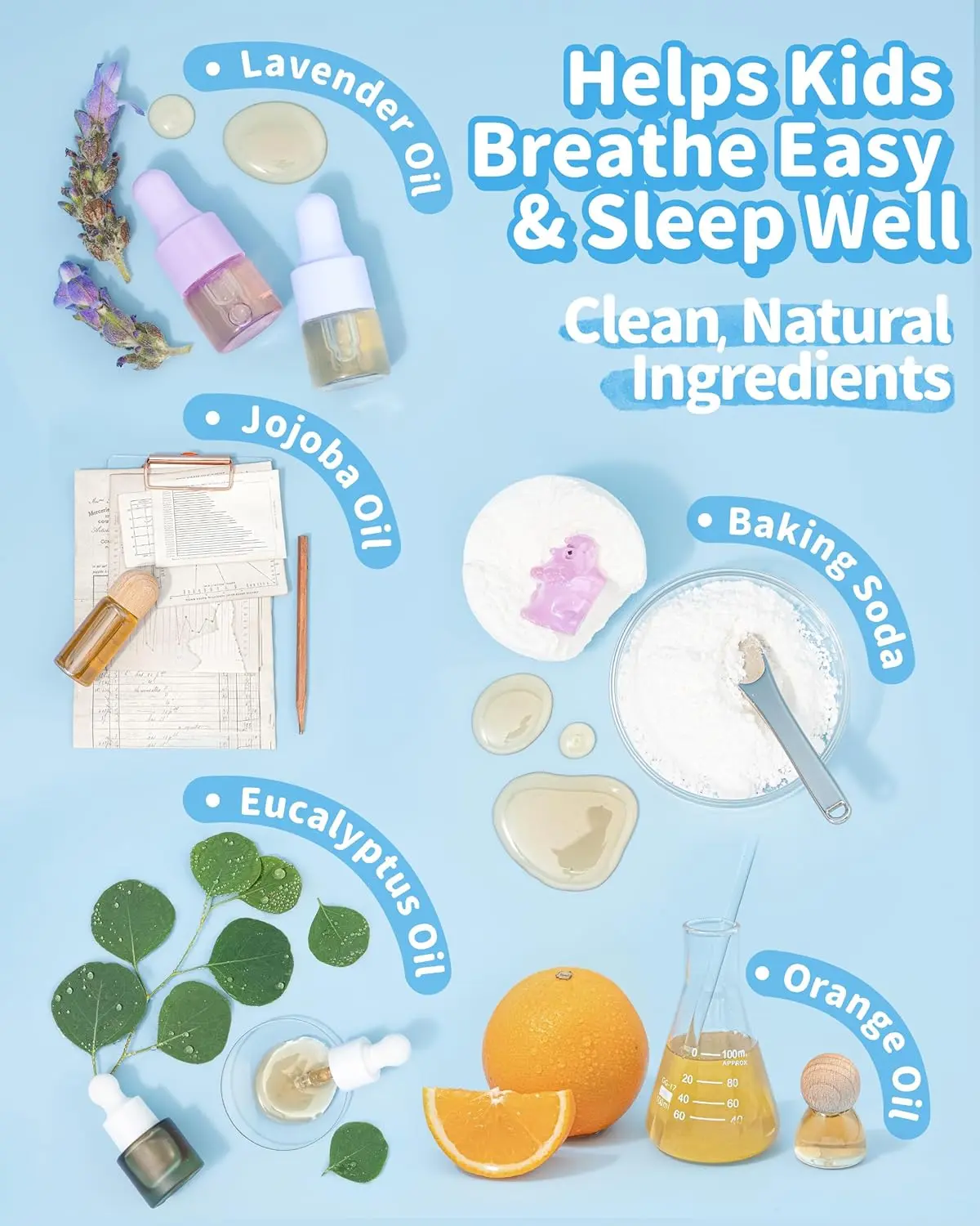 Soothing vapor bath bombs with eucalyptus and lavender essential oils create a calming aromatherapy experience for kids, with a surprise animal toy inside each dye-free bath fizzy, making bath time fun and relaxing.