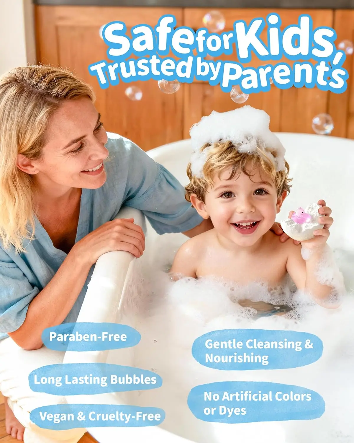 Soothing vapor bath bombs with eucalyptus and lavender essential oils create a calming aromatherapy experience for kids, with a surprise animal toy inside each dye-free bath fizzy, making bath time fun and relaxing.