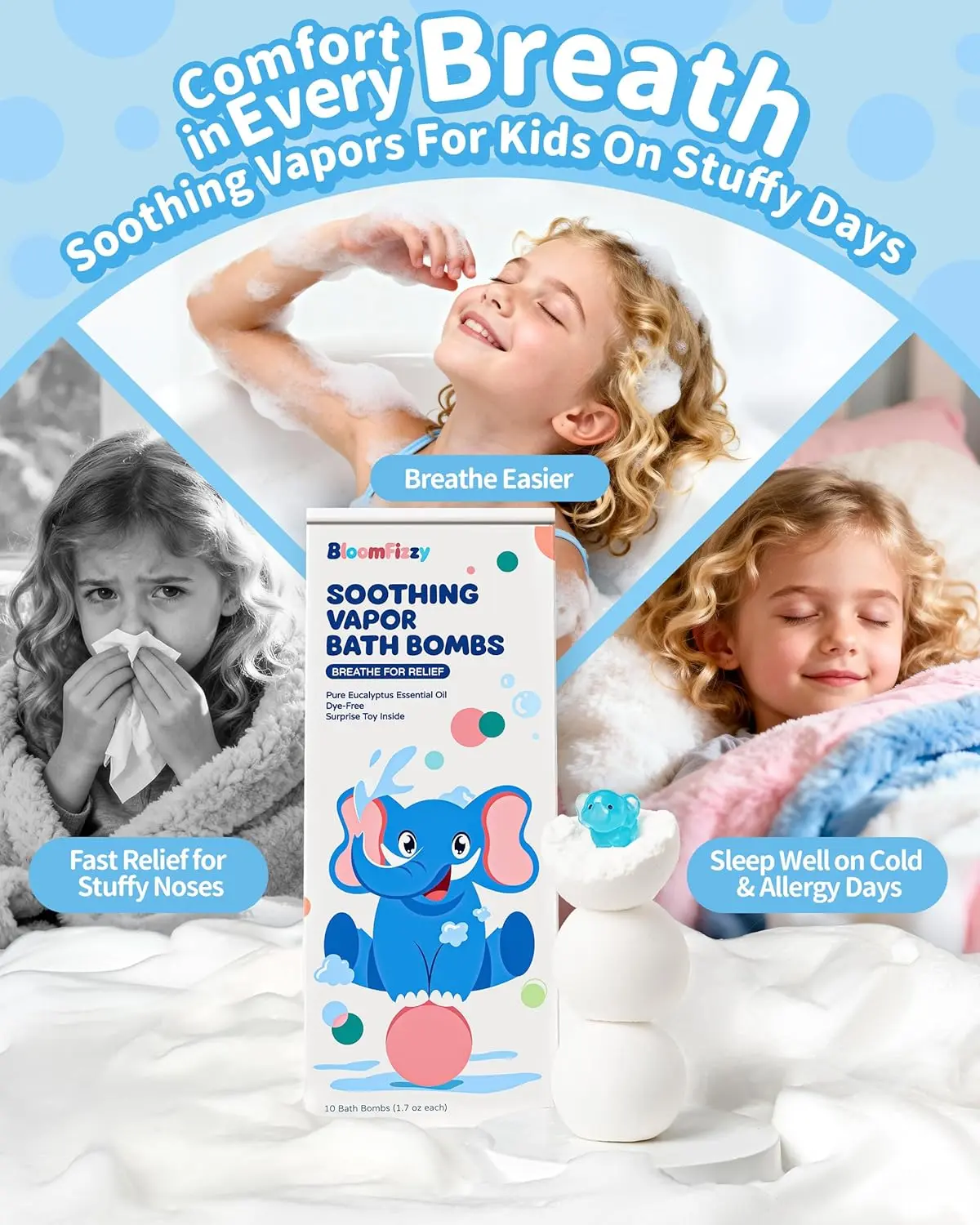 Soothing vapor bath bombs with eucalyptus and lavender essential oils create a calming aromatherapy experience for kids, with a surprise animal toy inside each dye-free bath fizzy, making bath time fun and relaxing.