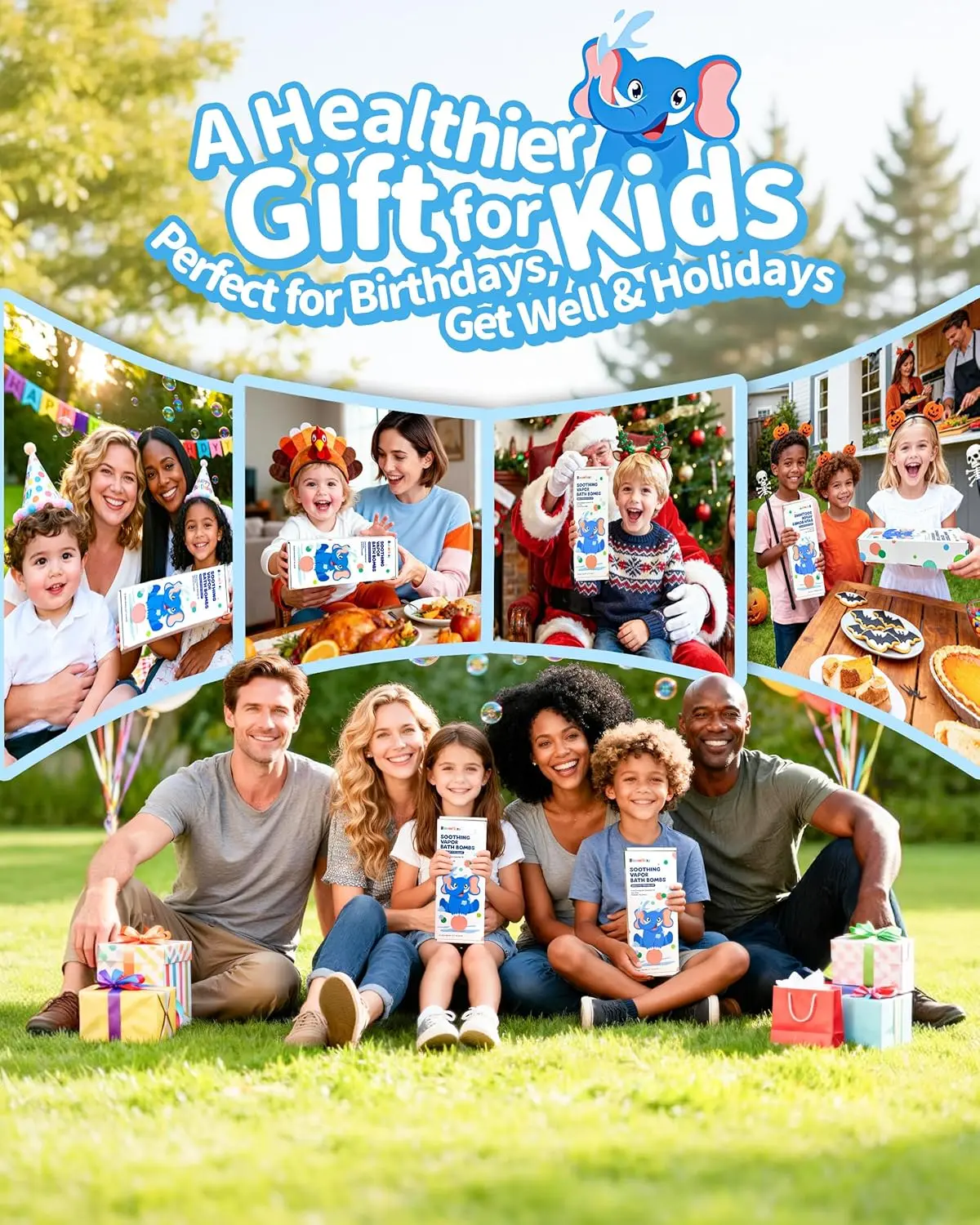 Soothing vapor bath bombs with eucalyptus and lavender essential oils create a calming aromatherapy experience for kids, with a surprise animal toy inside each dye-free bath fizzy, making bath time fun and relaxing.