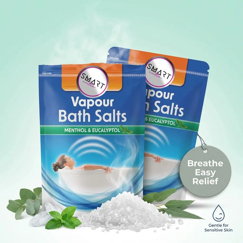 Two packs of vapour bath salts for cold relief and muscle soak, providing a relaxing and rejuvenating experience.