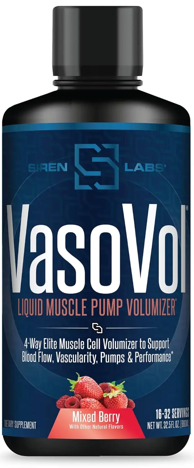 Siren Labs Vaso-VOL mixed berry flavored liquid volumizer for enhanced muscle pumps, vascularity, and athletic performance.