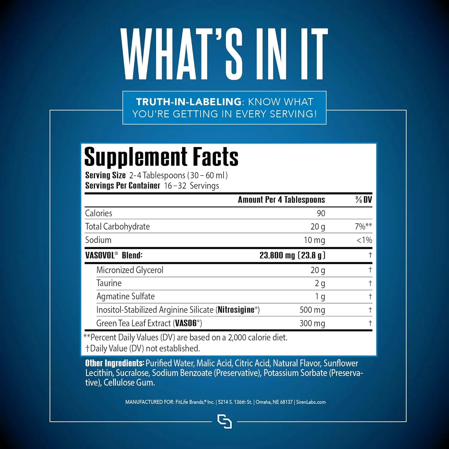 Siren Labs Vaso-VOL mixed berry flavored liquid volumizer for enhanced muscle pumps, vascularity, and athletic performance.