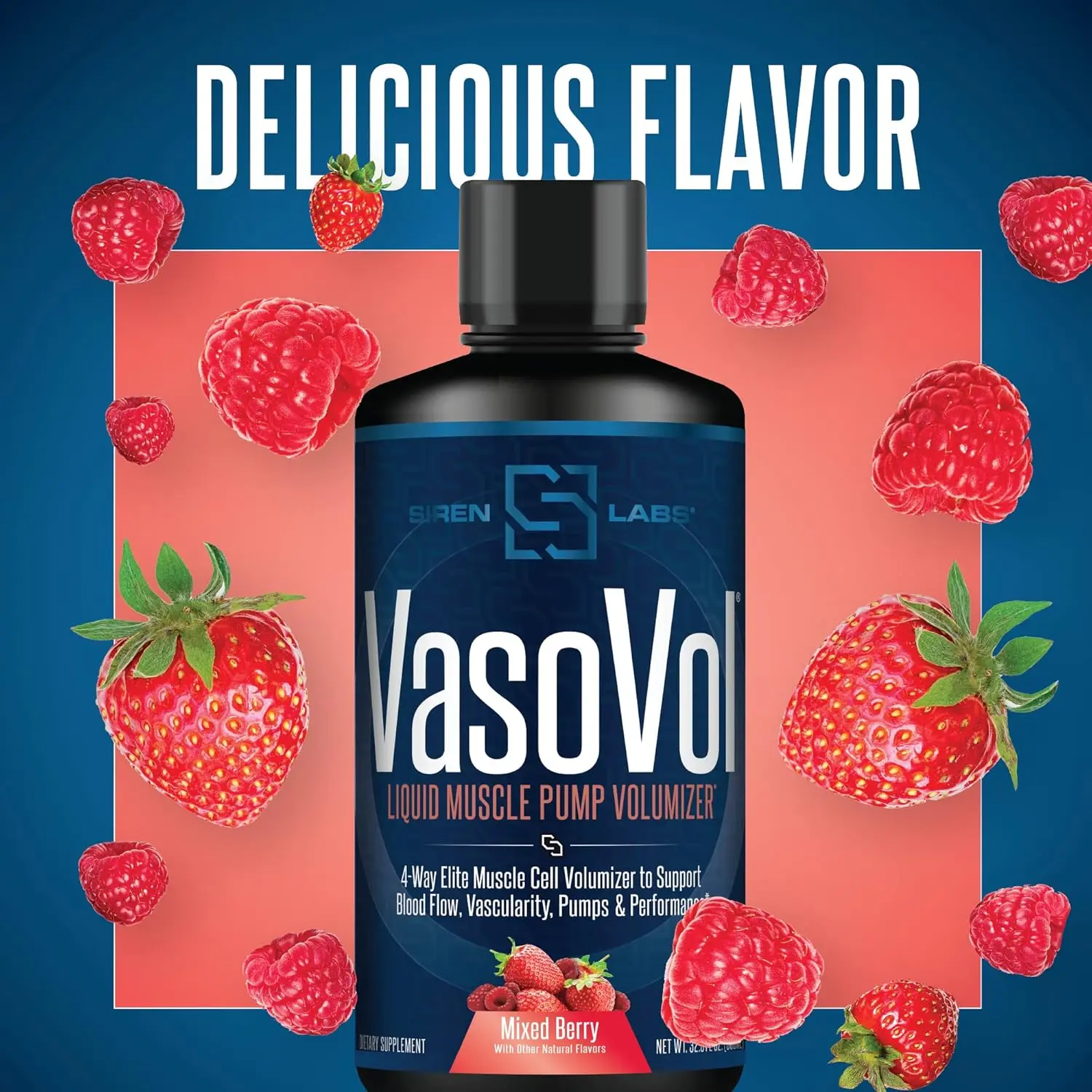 Siren Labs Vaso-VOL mixed berry flavored liquid volumizer for enhanced muscle pumps, vascularity, and athletic performance.