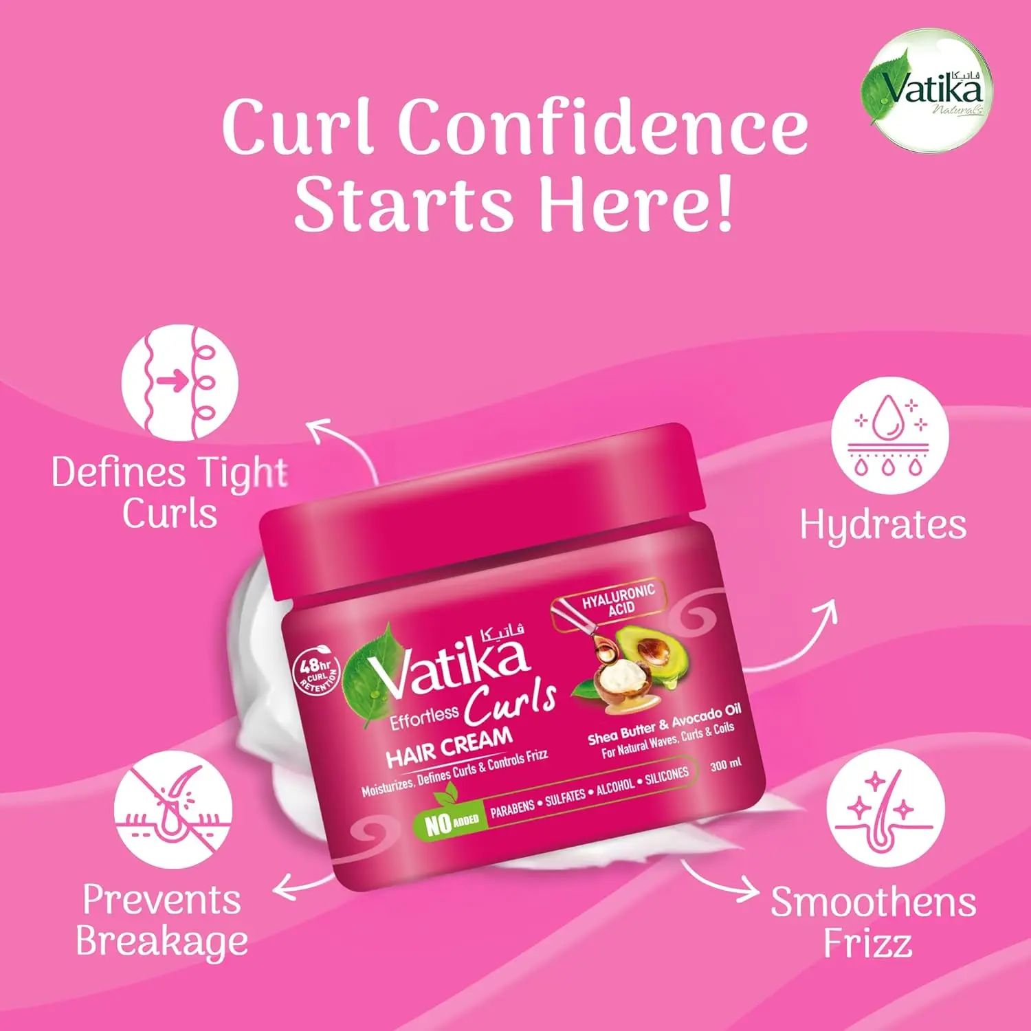 Vatika Naturals Curls Hair Cream with shea butter and avocado oil provides 48-hour curl retention, defines curls, and controls frizz.