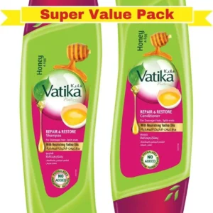 Vatika Naturals Repair and Restore shampoo and conditioner set, enriched with honey and egg extracts to moisturize and strengthen damaged hair, reduce hair fall, and repair split ends for a healthy, vibrant appearance.