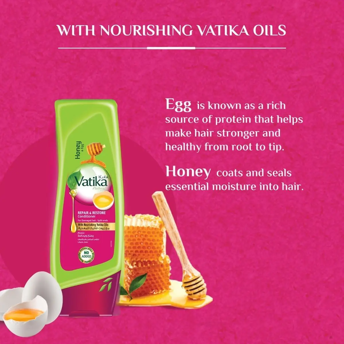 Vatika Naturals Repair and Restore shampoo and conditioner set, enriched with honey and egg extracts to moisturize and strengthen damaged hair, reduce hair fall, and repair split ends for a healthy, vibrant appearance.