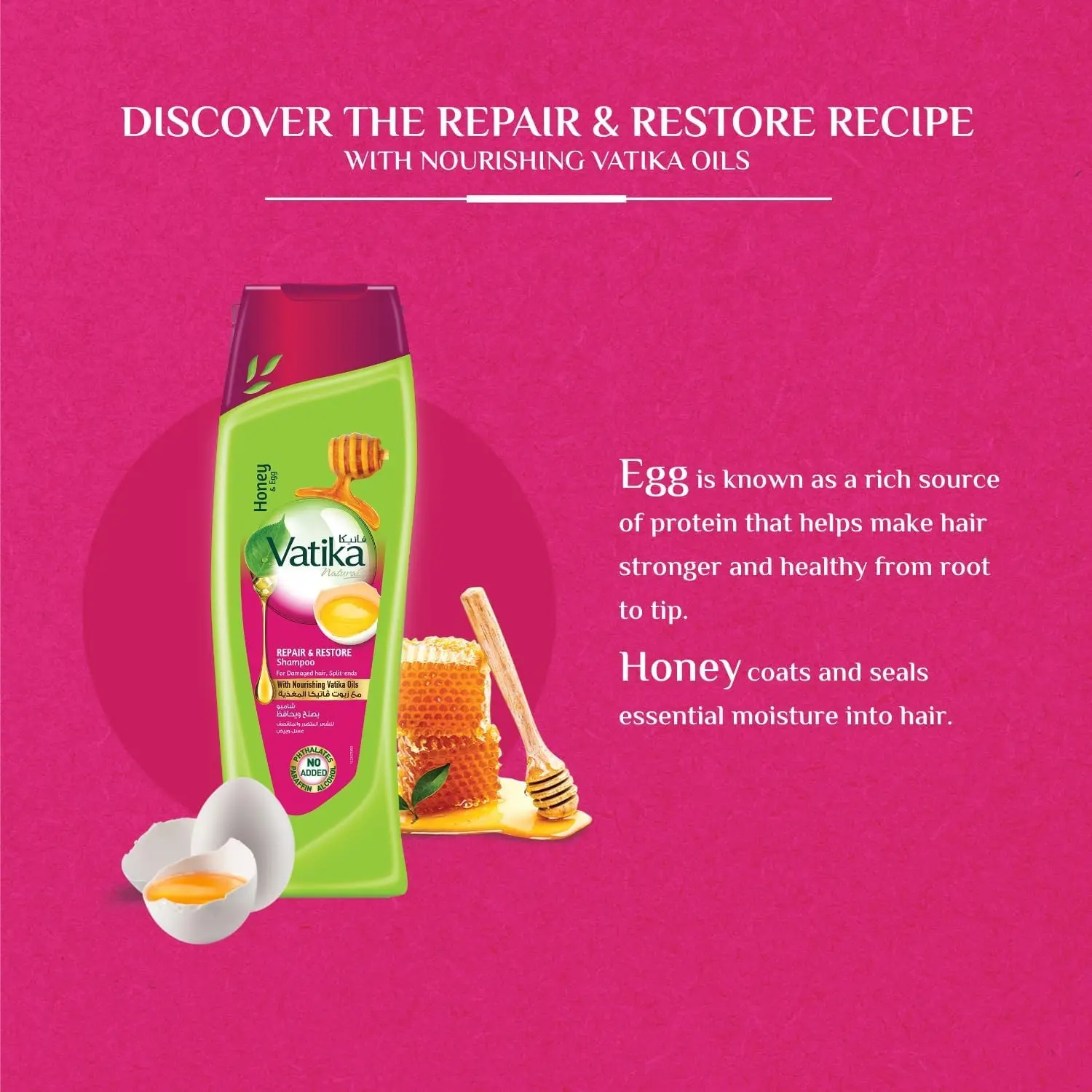 Vatika Naturals Repair and Restore shampoo and conditioner set, enriched with honey and egg extracts to moisturize and strengthen damaged hair, reduce hair fall, and repair split ends for a healthy, vibrant appearance.