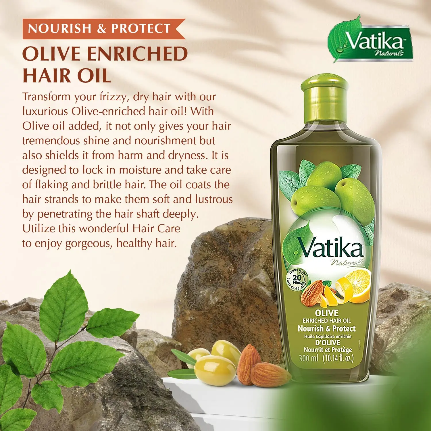 Vatika Naturals Olive Enriched Hair Oil, infused with almond and lemon extracts and vitamins, provides complete nourishment for healthy and beautiful hair.