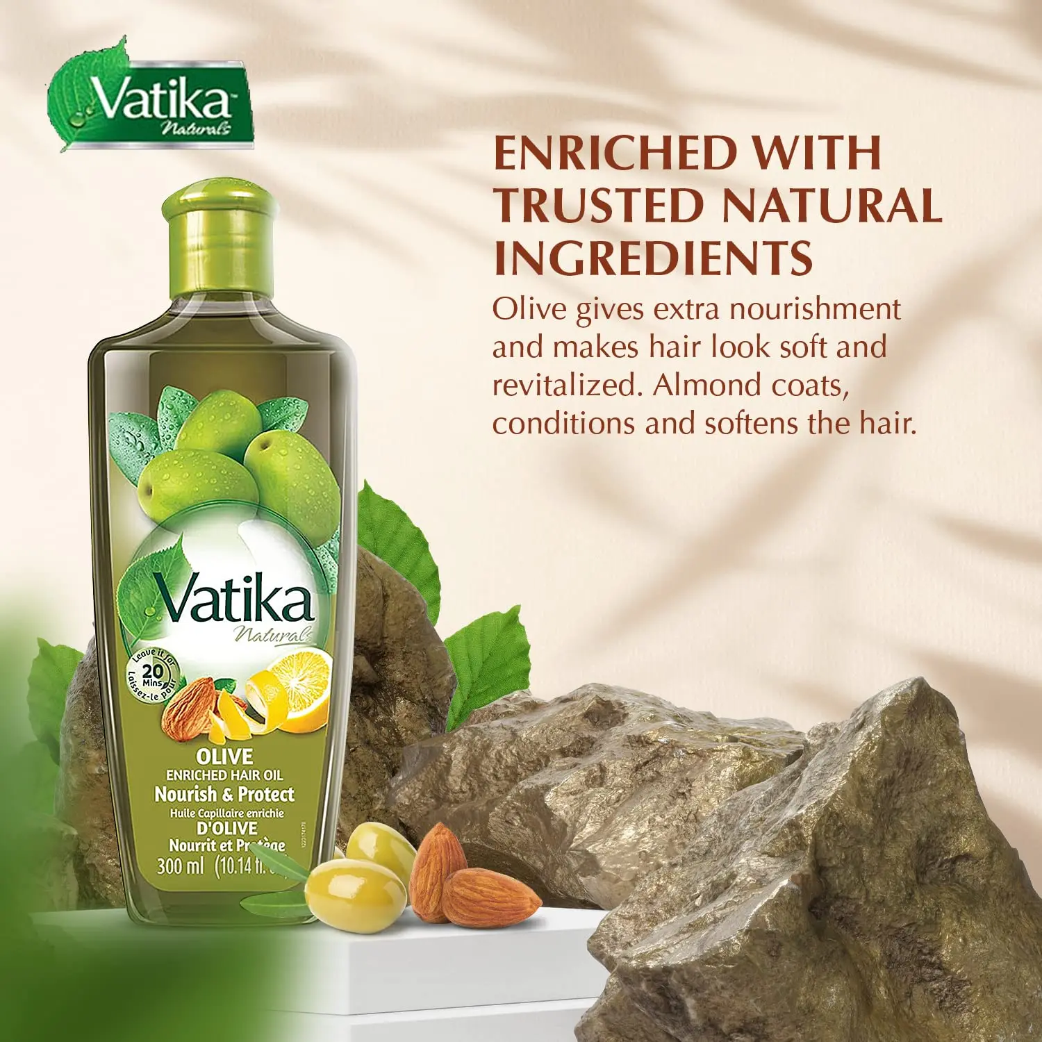 Vatika Naturals Olive Enriched Hair Oil, infused with almond and lemon extracts and vitamins, provides complete nourishment for healthy and beautiful hair.