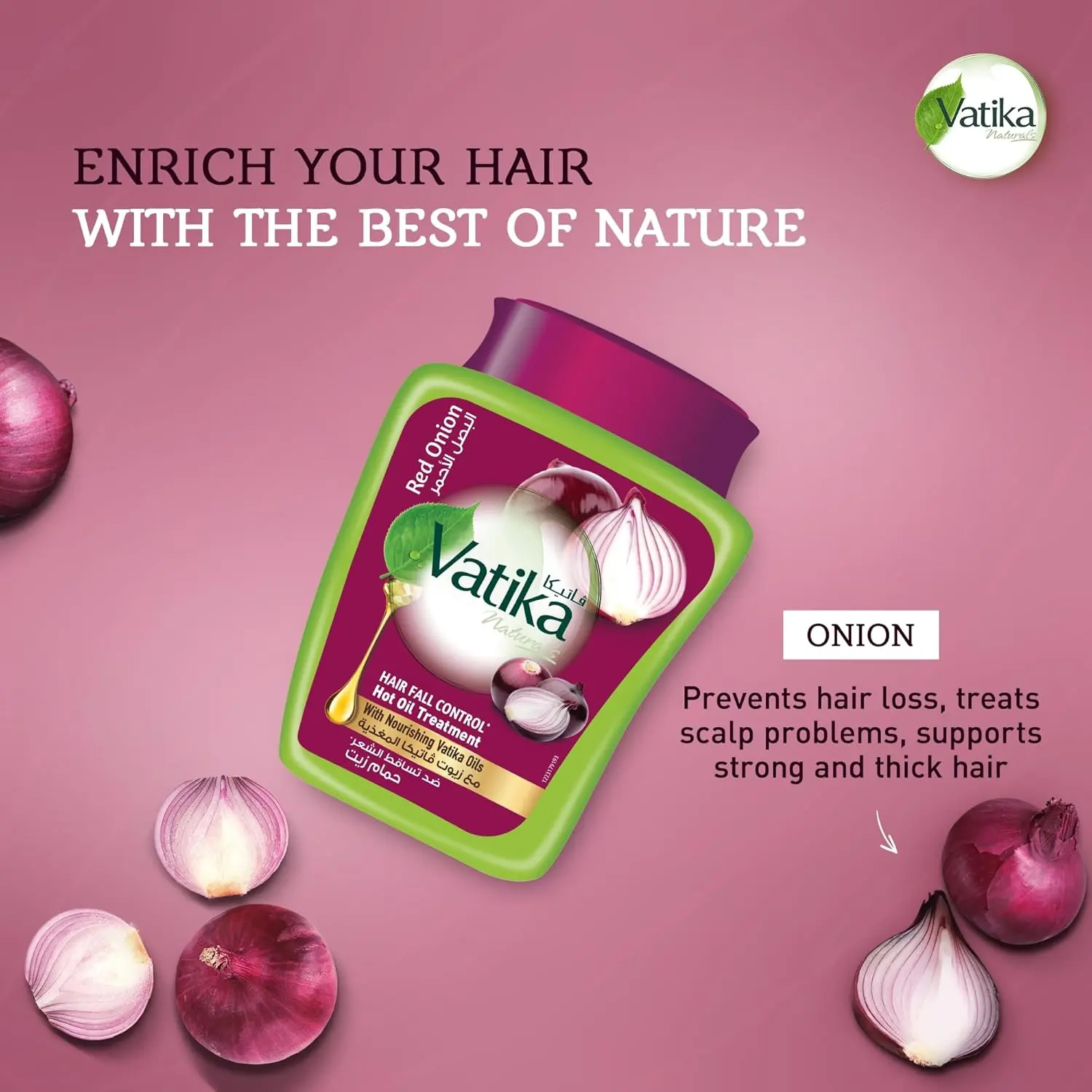 Vatika Naturals onion hot oil treatment deeply nourishes the scalp, promotes hair growth, and reduces hair fall with onion extracts and Vatika oils.