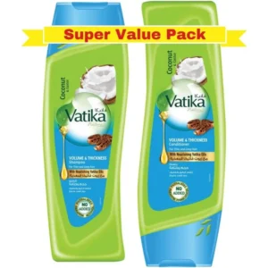 Vatika Naturals Volume and Thickness shampoo and conditioner, enriched with coconut and castor oil, help to promote healthy hair growth and add volume to thin and limp hair.
