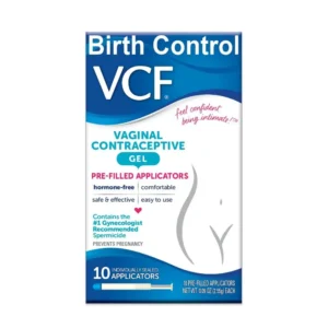 This image shows a pack of VCF vaginal contraceptive gel with 10 pre-filled applicators, a safe, effective and easy-to-use spermicide recommended by doctors.