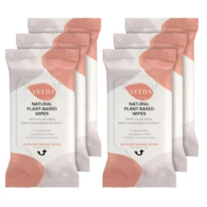 Veeda natural cotton feminine wipes are pH balanced, hypoallergenic, and perfect for gently cleansing sensitive skin on the go.