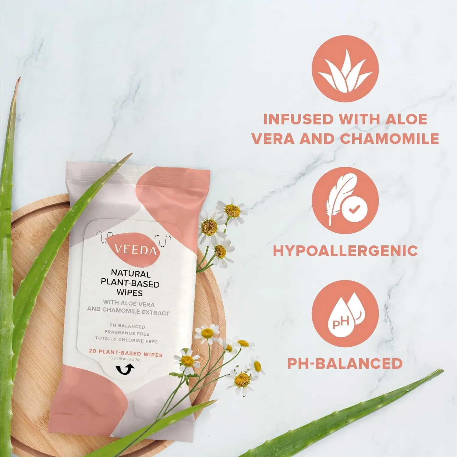 Veeda natural cotton feminine wipes are pH balanced, hypoallergenic, and perfect for gently cleansing sensitive skin on the go.