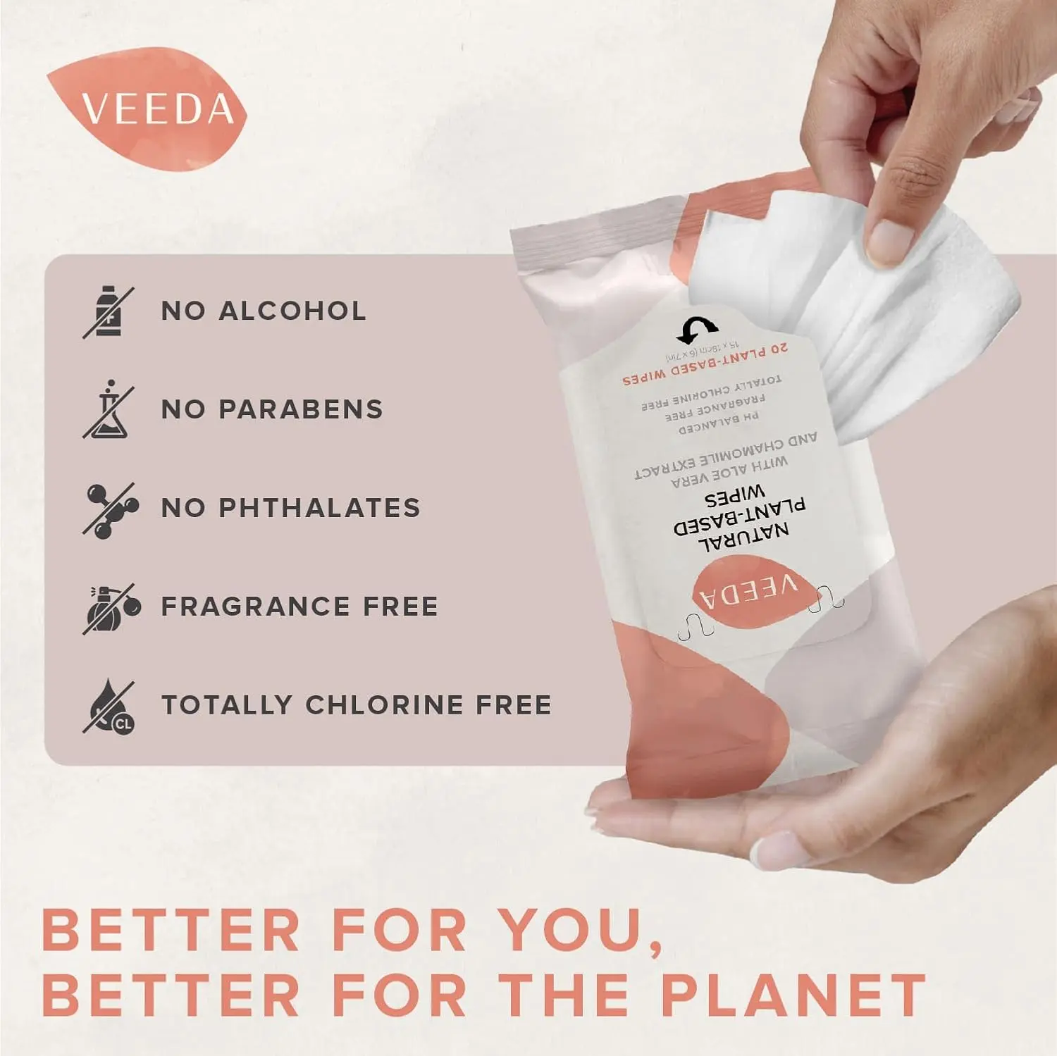 Veeda natural cotton feminine wipes are pH balanced, hypoallergenic, and perfect for gently cleansing sensitive skin on the go.