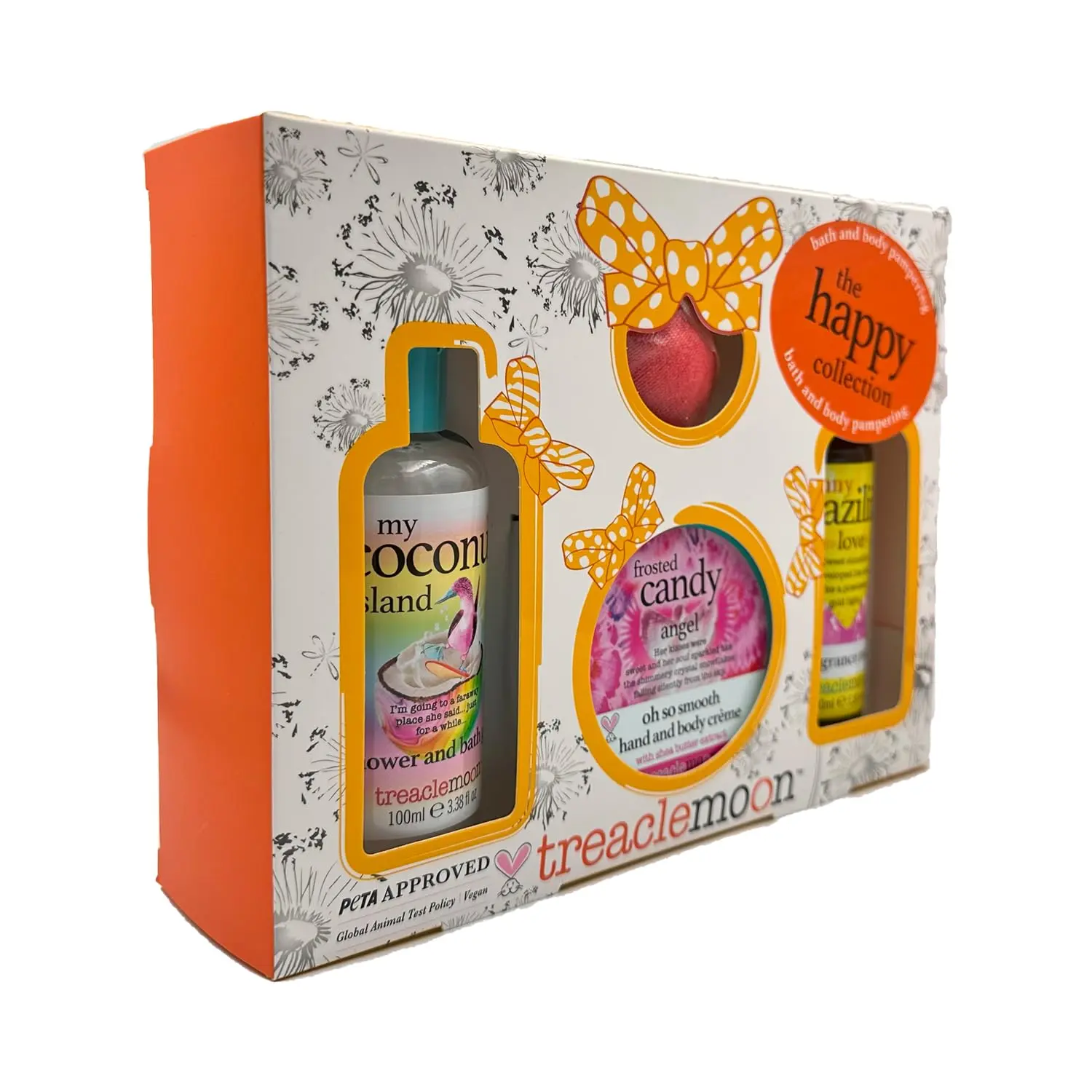 This Treaclemoon Happy Collection vegan gift set includes Coconut Island shower gel, Brazilian Love fragrance mist, Warm Cinnamon Night bath fizzer, and Frosted Candy Angel hand and body crème for a luxurious and cruelty-free pampering experience.