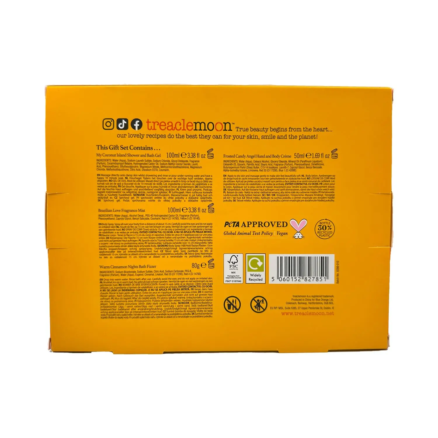 This Treaclemoon Happy Collection vegan gift set includes Coconut Island shower gel, Brazilian Love fragrance mist, Warm Cinnamon Night bath fizzer, and Frosted Candy Angel hand and body crème for a luxurious and cruelty-free pampering experience.