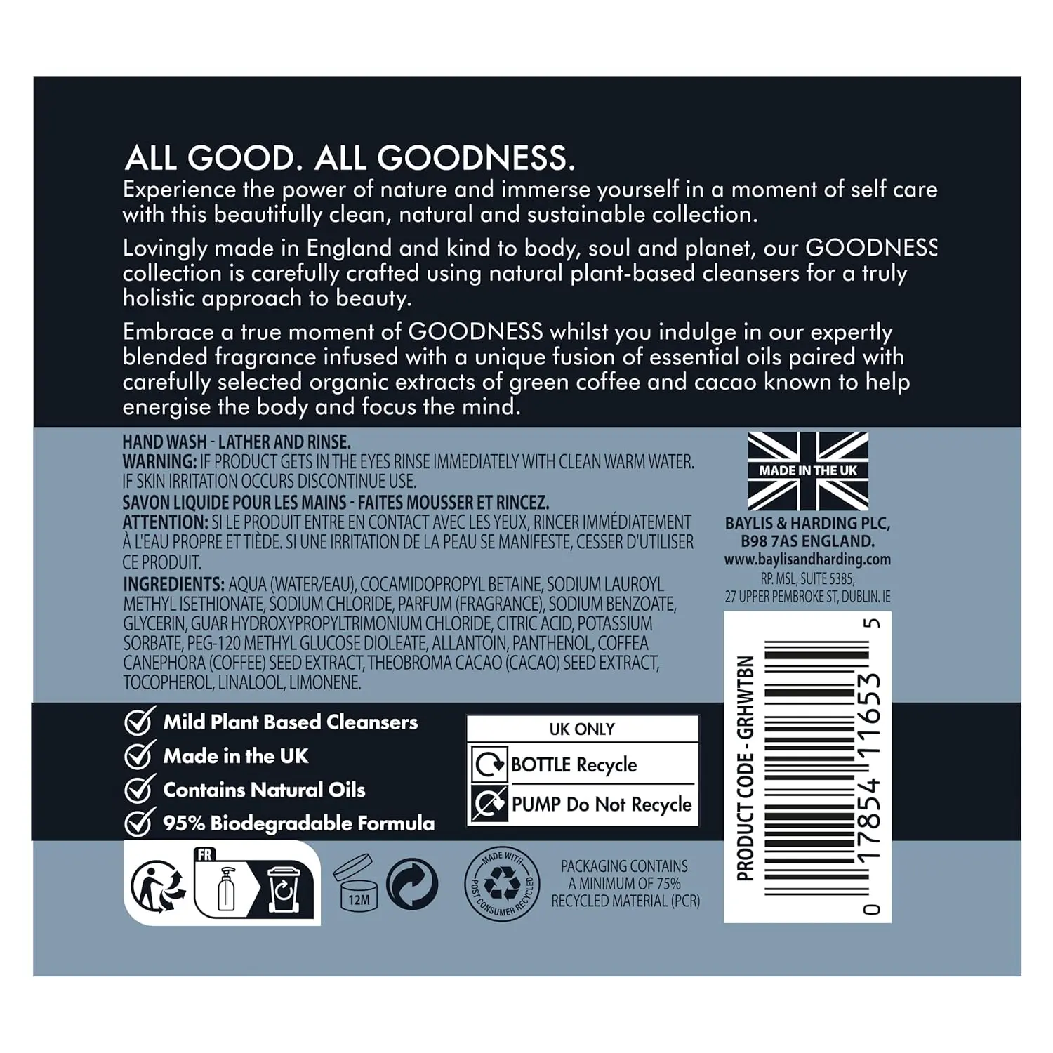 Baylis & Harding vegan hand wash with tonka bean and neroli scent, moisturizing sensitive skin with organic green coffee and cacao extracts.