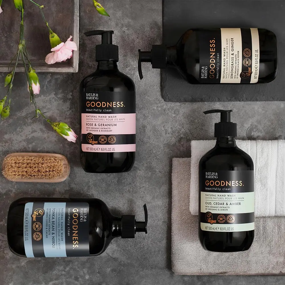 Baylis & Harding vegan hand wash with tonka bean and neroli scent, moisturizing sensitive skin with organic green coffee and cacao extracts.