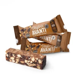 Nine Veloforte Avanti energy bars made with dates, pecans, and sea salt for balanced sports nutrition and sustained energy, suitable for vegan and gluten-free diets.