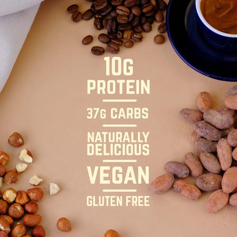Veloforte Mocha protein bar with hazelnut, coffee and cocoa provides 10g of plant protein and 37g of carbs for optimal workout refuelling, is 100% natural, vegan and gluten free.