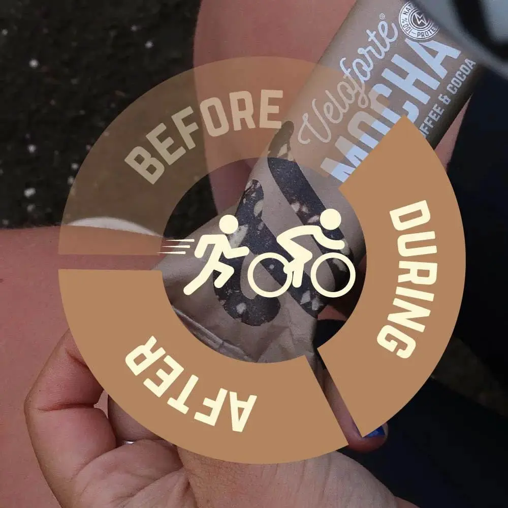 Veloforte Mocha protein bar with hazelnut, coffee and cocoa provides 10g of plant protein and 37g of carbs for optimal workout refuelling, is 100% natural, vegan and gluten free.