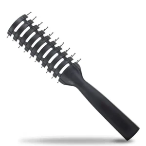 This black vented styling brush features an ergonomic handle, anti-static nylon bristles, and ball tips for scalp massage, making it perfect for blow-drying and adding volume.