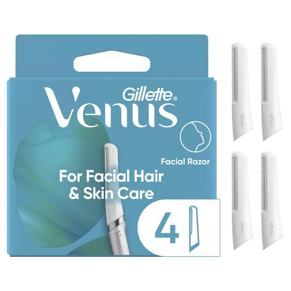 Four Venus facial razor dermaplaning blade refills that exfoliate and remove facial hair for smoother, glowing skin.