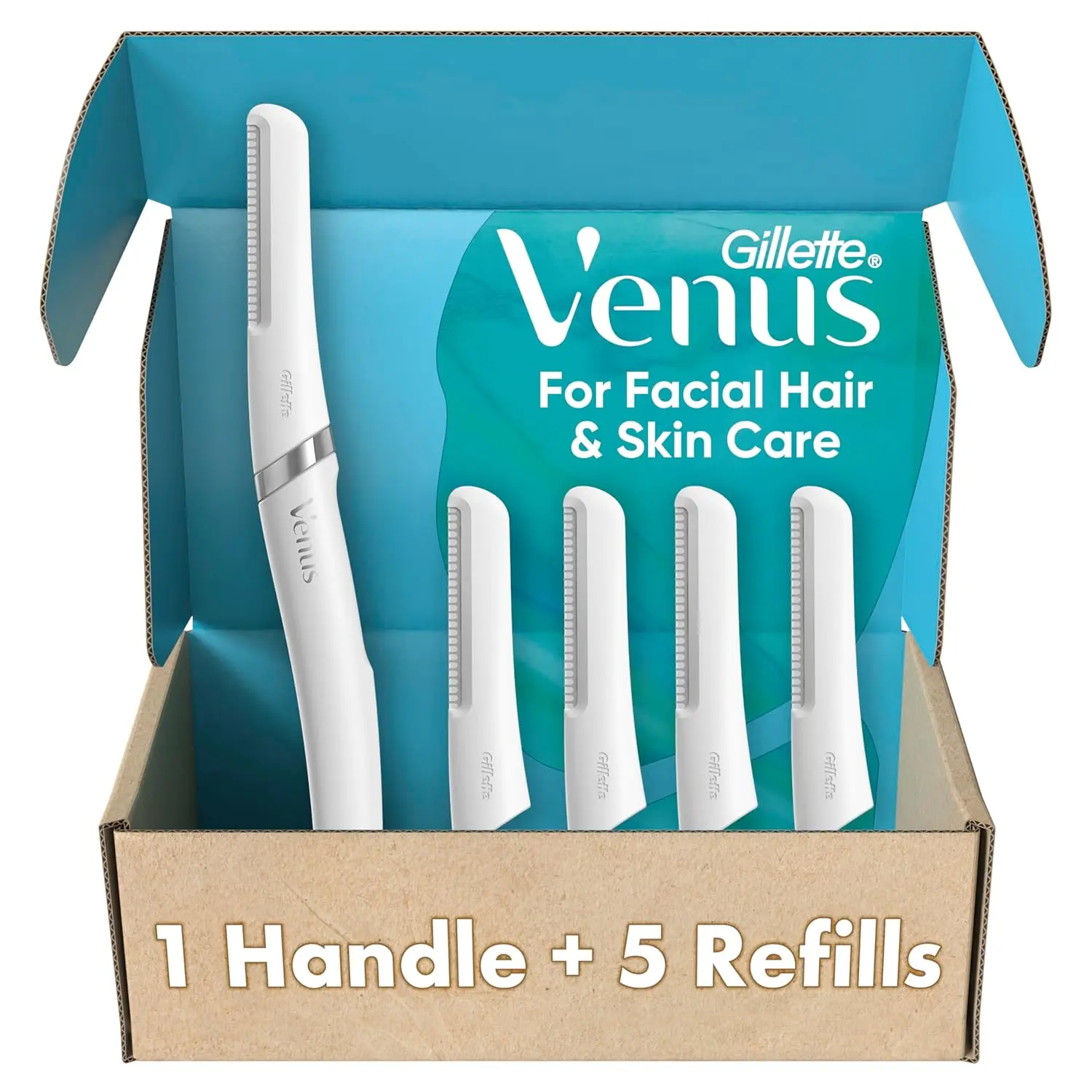 Four Venus facial razor dermaplaning blade refills that exfoliate and remove facial hair for smoother, glowing skin.
