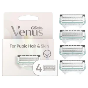 Four pink Gillette Venus Intimate Grooming razor refills for women with blades designed for a smooth shave and to prevent irritation in the pubic area.
