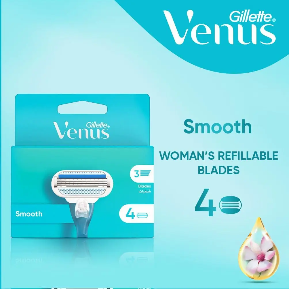 Four Venus razor blade refills for women with three curve-hugging blades and a Lubrastrip with aloe for a smooth, comfortable shave.