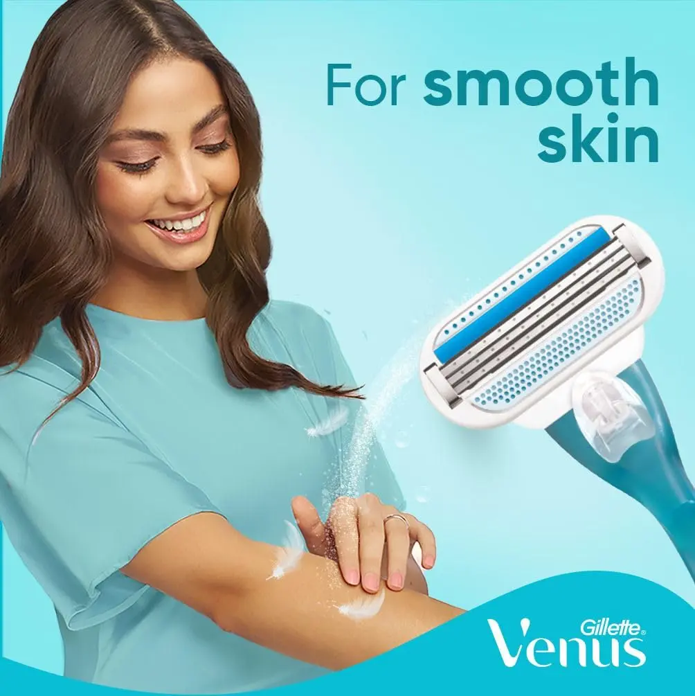 Four Venus razor blade refills for women with three curve-hugging blades and a Lubrastrip with aloe for a smooth, comfortable shave.