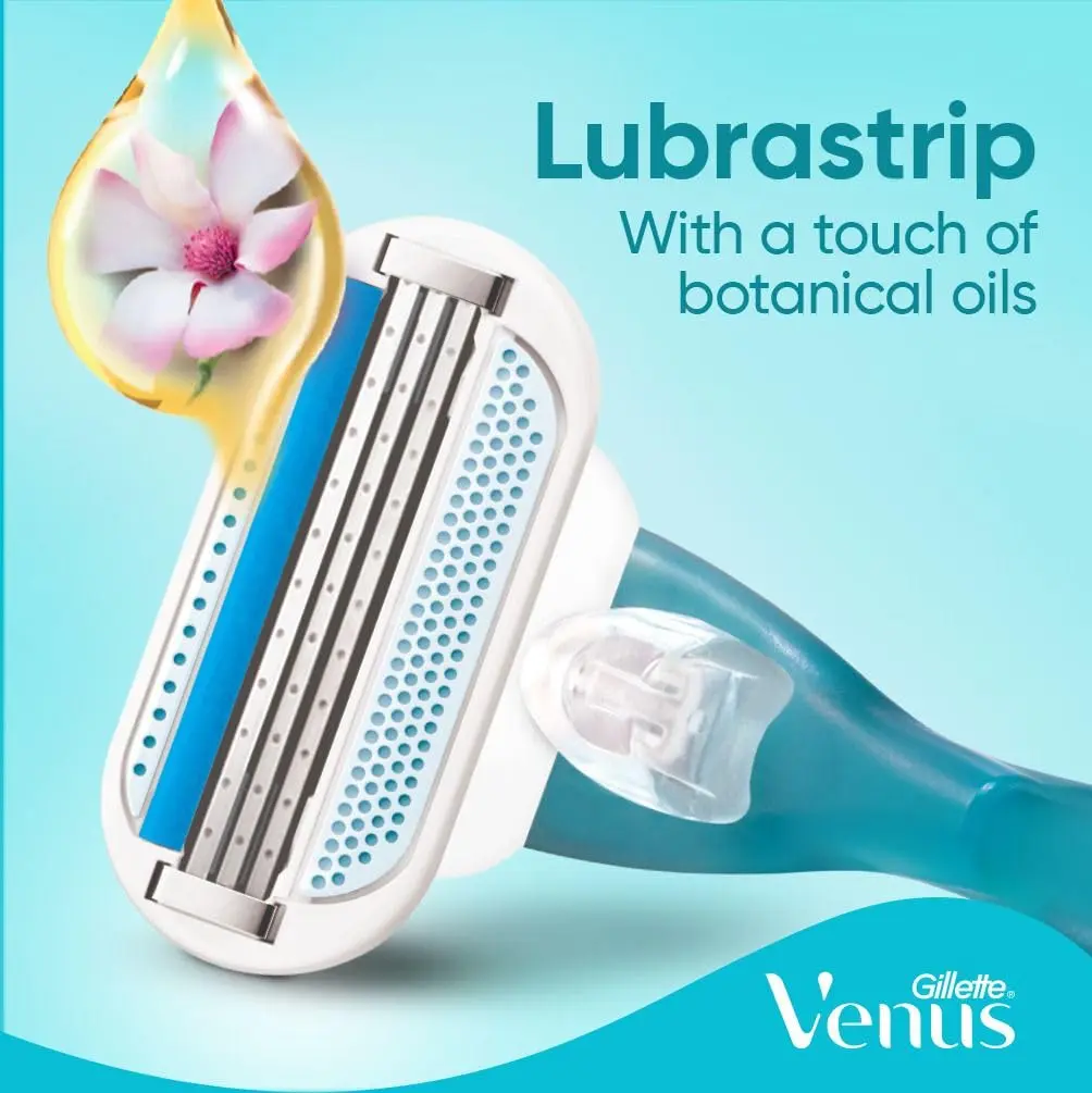 Four Venus razor blade refills for women with three curve-hugging blades and a Lubrastrip with aloe for a smooth, comfortable shave.