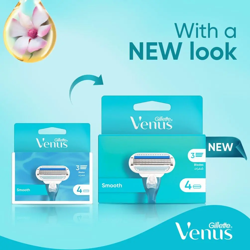 Four Venus razor blade refills for women with three curve-hugging blades and a Lubrastrip with aloe for a smooth, comfortable shave.