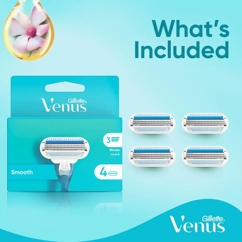 Four Venus razor blade refills for women with three curve-hugging blades and a Lubrastrip with aloe for a smooth, comfortable shave.