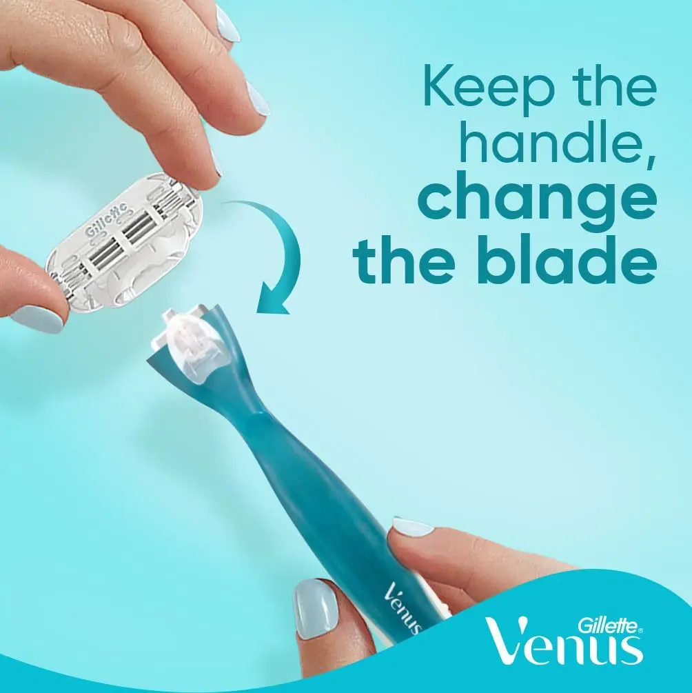 Four Venus razor blade refills for women with three curve-hugging blades and a Lubrastrip with aloe for a smooth, comfortable shave.