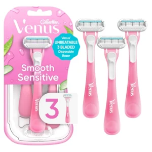 Close-up of Venus SkinElixir sensitive disposable razors featuring 3 blades and a SkinElixir lubrastrip for a smooth, irritation-free shave.
